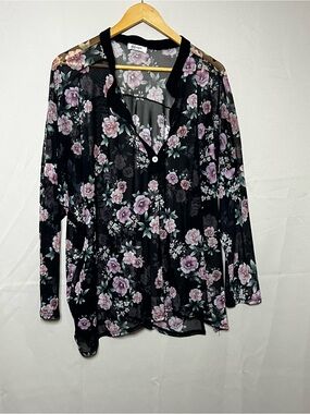 Blumin Apparel S Black Floral Sheer Mesh Button Front Blouse Romantic